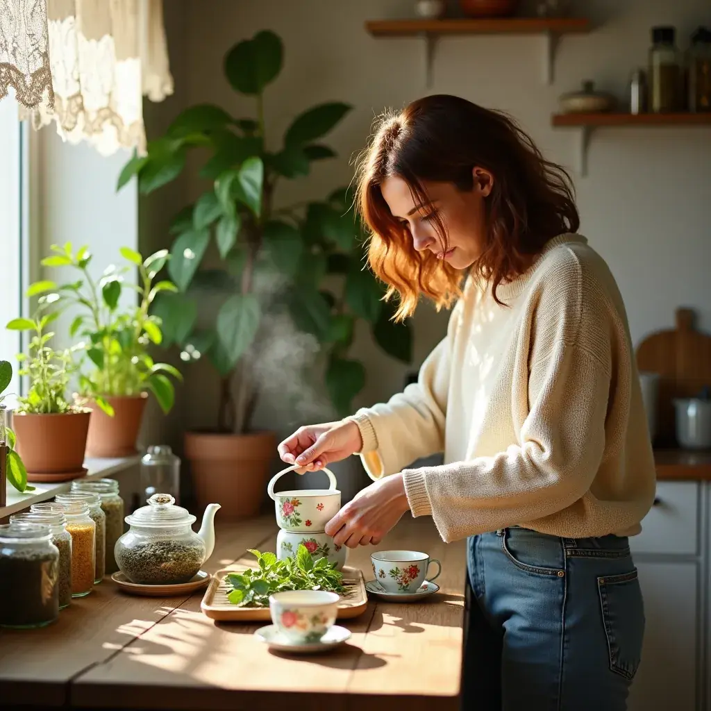 Thé refroidissant sur une table à l'extérieur, avec des herbes fraîches en arrière-plan.