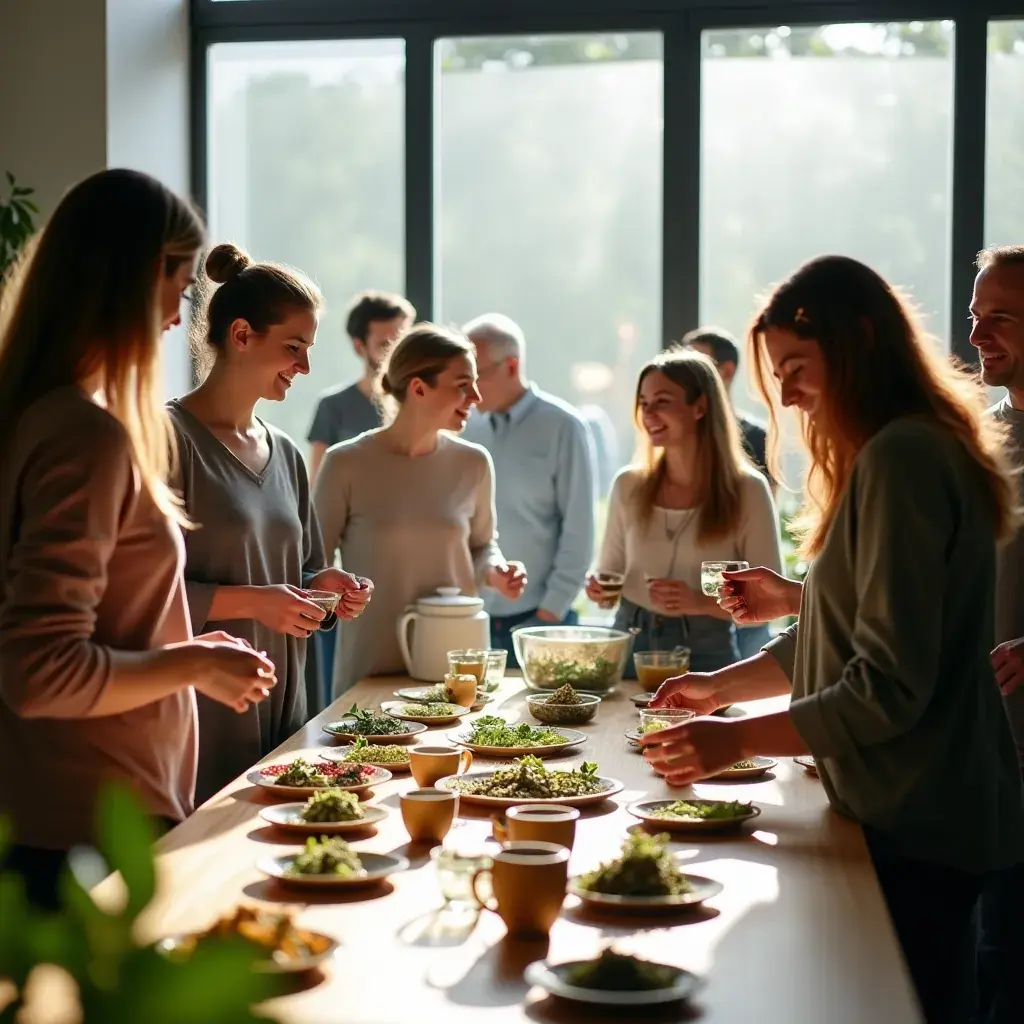 Groupe de personnes partageant une tasse de thé, symbolisant la convivialité et la santé.